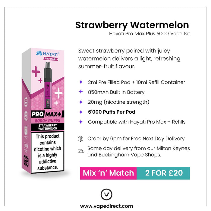 Experience the Strawberry Watermelon Hayati Pro Max Plus Vape Kit by Hayati, showcasing a stylish vape pen and packaging. Enjoy up to 6000 puffs powered by a robust 850mAh battery—now available in a special 2 for £20 deal.
