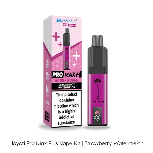 A Strawberry Watermelon Hayati Pro Max Plus Vape Kit by Hayati is pictured alongside its packaging, both in purple and black with visible branding, showcasing 6000+ puffs.