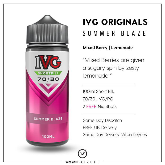 IVG Originals Summer Blaze e-liquid bottle with product details on a white background