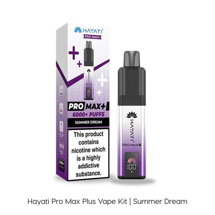 A Summer Dream Hayati Pro Max Plus Vape Kit by Hayati is displayed beside its packaging, which features branding, purple accents, and highlights the 6000 puffs feature. Text below reads: Summer Dream Hayati Pro Max Plus Vape Kit.