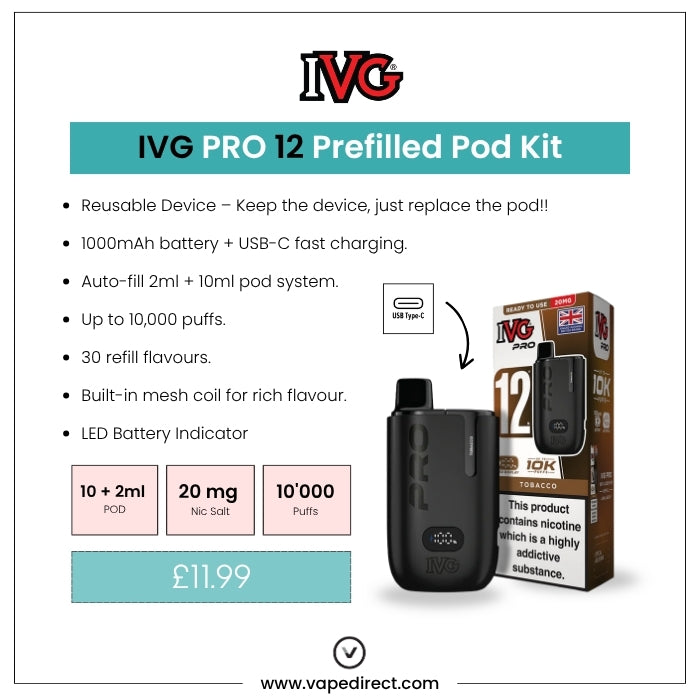 IVG Pro 12 Prefilled Pod Kit key features – reusable device, 1000mAh battery, USB-C charging, 10ml + 2ml auto-fill pod, built-in mesh coil, 10,000 puffs, 20mg nic salt, priced at £11.99