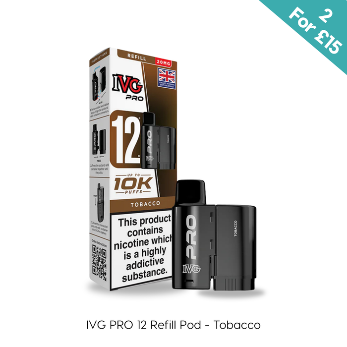 Tobacco - IVG PRO Pods by I VG shown with two black vape pods labeled IVG PRO and packaging featuring nic salt e-liquid, plus a "2 For £15" offer in the top right corner. Available at Vape Direct In Milton Keynes