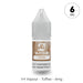 A 10ml bottle of V4 Vapour - Toffee E-Liquid with a brown label and clear cap, featuring 6mg nicotine strength—ideal for dessert vape fans. Text below reads: V4 Vapour – Toffee – 6mg. Available at Vape Direct In Milton Keynes