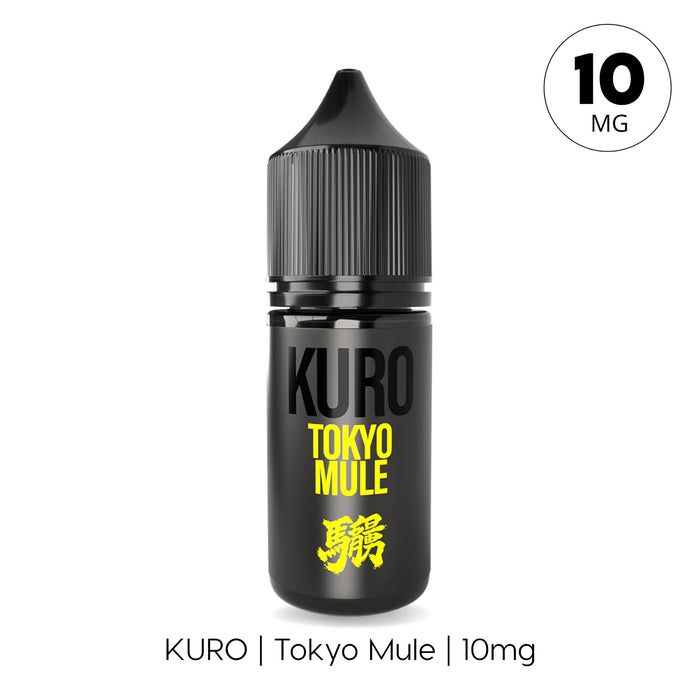 A black bottle labeled "Tokyo Mule Nic Salt E-Liquid by Kuro" from Riot Squad, featuring yellow text and a 10mg dosage, stands upright. The bottle also displays Japanese characters at the bottom and contains a lime ginger e-liquid blend inspired by the Tokyo Mule cocktail.