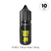 A black bottle labeled "Tokyo Mule Nic Salt E-Liquid by Kuro" from Riot Squad, featuring yellow text and a 10mg dosage, stands upright. The bottle also displays Japanese characters at the bottom and contains a lime ginger e-liquid blend inspired by the Tokyo Mule cocktail.