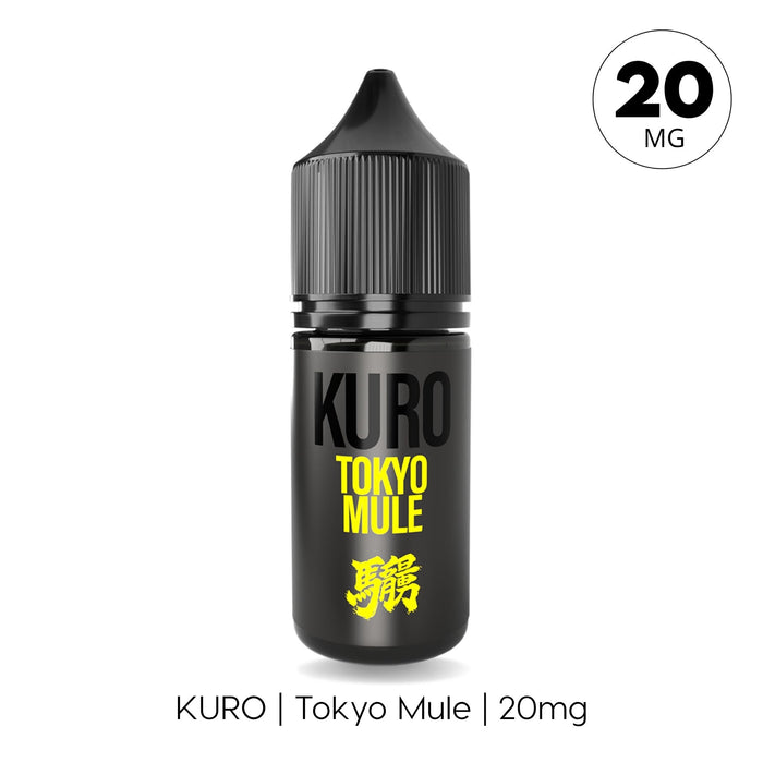 A black vape juice bottle labeled RIOT SQUAD TOKYO MULE with yellow text displays 20 MG in a circle. The label reads: RIOT SQUAD | Tokyo Mule Nic Salt E-Liquid by Kuro | 20mg. This Tokyo Mule nic salt from Riot Squad features a signature blend of lime and ginger e-liquid, crafted with a balanced 50/50 VG/PG ratio for smooth, satisfying enjoyment.