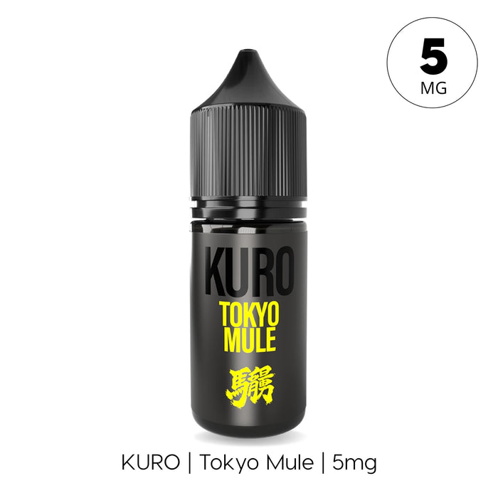 A black e-liquid bottle from Riot Squad labeled Tokyo Mule Nic Salt E-Liquid by Kuro features yellow Japanese characters and a black cap. A circle in the top right displays 5 MG. Below, the text reads: KURO | Tokyo Mule | 5mg. This 50/50 VG/PG lime ginger nic salt delivers the distinctive flavor of a Tokyo Mule.