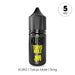 A black e-liquid bottle from Riot Squad labeled Tokyo Mule Nic Salt E-Liquid by Kuro features yellow Japanese characters and a black cap. A circle in the top right displays 5 MG. Below, the text reads: KURO | Tokyo Mule | 5mg. This 50/50 VG/PG lime ginger nic salt delivers the distinctive flavor of a Tokyo Mule.