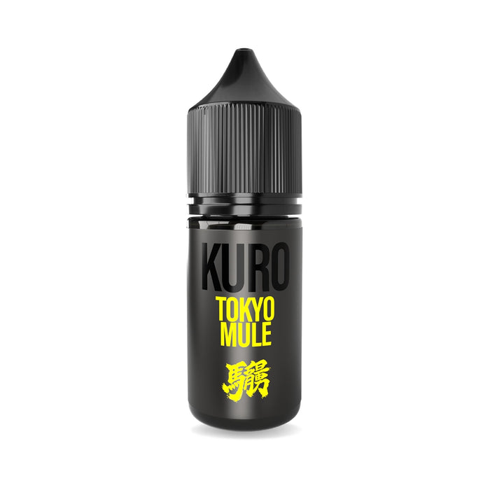 A black bottle labeled "Tokyo Mule Nic Salt E-Liquid by Kuro" from Riot Squad features bold yellow and white text with yellow Japanese characters underneath. This Tokyo Mule nic salt offers a refreshing blend inspired by lime ginger e-liquid and comes in a 50/50 VG/PG ratio.