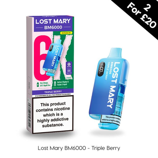 Lost Mary BM6000 Prefilled Pod Kit in Triple Berry Flavour with a 2 for £20 multi buy offer displayed