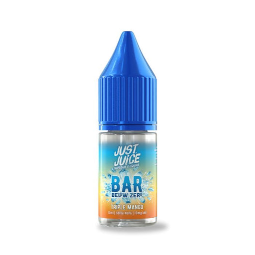 Just Juice Triple Mango vape juice bottle with blue cap on a white background