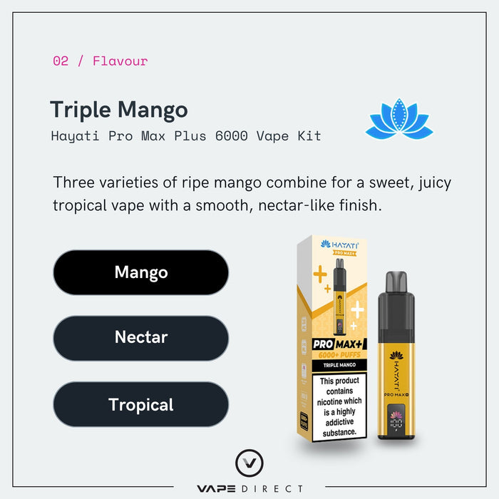 Indulge in the Hayati Triple Mango Pro Max Plus Vape Kit, showcasing a stylish device and colorful packaging. Savor rich notes of mango, nectar, and tropical fruits for a sweet, juicy triple mango experience with a silky nectar finish. With up to 6000 puffs per kit, this Hayati vape delivers enduring satisfaction for mango enthusiasts.
