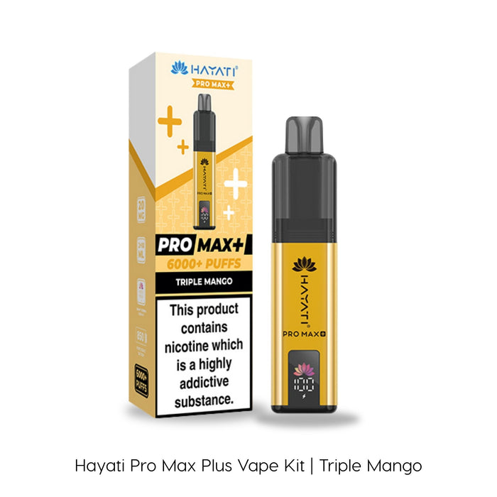 The Triple Mango Hayati Pro Max Plus Vape Kit by Hayati is displayed alongside its yellow and black packaging, which highlights 6000 puffs.