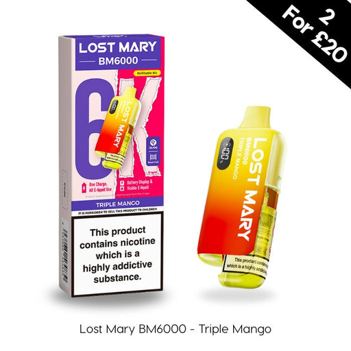 Triple Mango Lost Mary BM6000 vape device and packaging on a white background