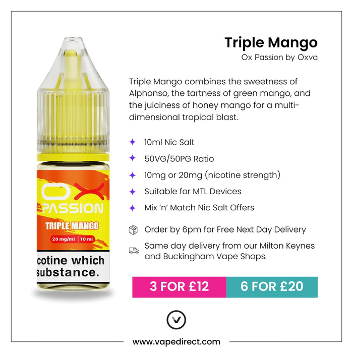 Triple Mango Ox passion e-liquid with flavour description. 10ml Nic Salt, suitable for MTL devices, multi-buy offers, and details for next day delivery in milton keynes and buckingham shown.