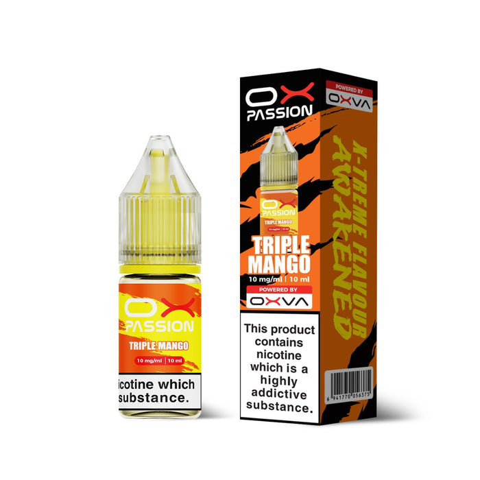 Triple Mango Ox Passion Nic Salt E-Liquid by Oxva with retail box and packaging.