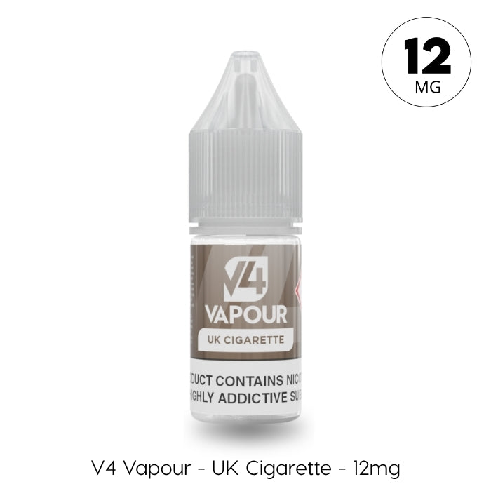 A 10ml bottle of V4 Vapour - UK Cigarette E-Liquid by V4 Vapour, with a gray cap and a label showing the tobacco flavor and 12mg nicotine strength. Both the product name and nicotine content are clearly displayed. Available at Vape Direct In Milton Keynes