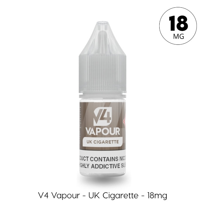 A 10ml bottle of V4 Vapour - UK Cigarette E-Liquid, 18mg nicotine strength, featuring a classic tobacco flavor. Clear cap, brown label. Text below: V4 Vapour - UK Cigarette - 18mg. Available at Vape Direct In Milton Keynes