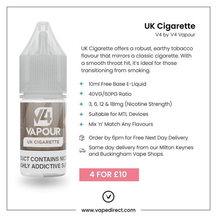 V4 Vapour - UK Cigarette 10ml E-Liquid by V4 Vapour offers a tobacco flavour, comes in 10ml bottles with a 40VG/60PG mix, multiple nicotine strengths, and a 4 for £10 deal. Available at Vape Direct In Milton Keynes