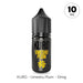 A black vape juice bottle labeled "Umeshu Plum Nic Salt E-Liquid by Kuro" features a yellow plum symbol and a circle with "10 MG," with text below reading "KURO - Umeshu Plum - 10mg." Crafted by Riot Squad, this Japanese plum Nic Salt e-liquid delivers the distinctive flavor of umeshu in a smooth formula.