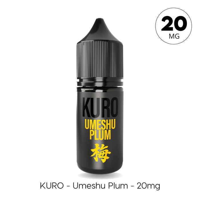 A sleek black bottle labeled "Umeshu Plum Nic Salt E-Liquid by Kuro" from Riot Squad features bold yellow text and prominent Japanese characters. The ribbed cap complements the design, while a circular label displays "20 MG." Below, the text emphasizes this distinctive Japanese plum e-liquid with 20mg nic salt strength.