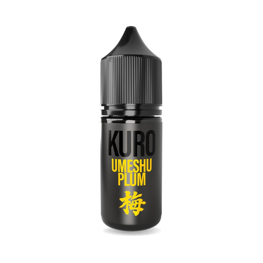 A small black bottle with a black cap labeled "Umeshu Plum Nic Salt E-Liquid by Kuro" in yellow letters, featuring a stylized yellow Japanese character near the bottom. This Riot Squad e-liquid captures the rich flavor of umeshu plum, providing a smooth and distinctive vape experience.