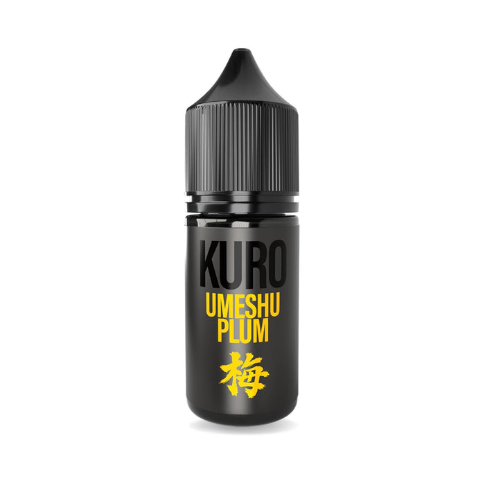 A small black bottle with a black cap labeled "Umeshu Plum Nic Salt E-Liquid by Kuro" in yellow letters, featuring a stylized yellow Japanese character near the bottom. This Riot Squad e-liquid captures the rich flavor of umeshu plum, providing a smooth and distinctive vape experience.