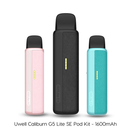 UWELL Caliburn G5 Lite SE pod kit range in elegant leather finishes with 1600mAh battery and 0.6 Ohm GPP pod