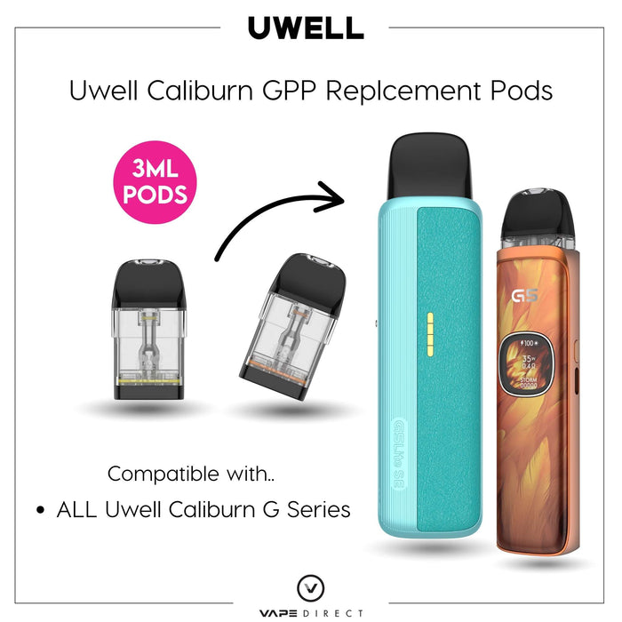 Uwell Caliburn GPP replacement Pods in 3ml capacity with compabibilty examples with a G5 Lite Kit and G5 Pod Kit.