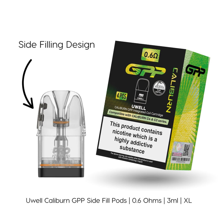 Uwell Caliburn G3, G4, G5 & GPP Replacement Pods feature transparent design, side filling port, mesh coil, and a 0.6Ω label on the box. These refillable pods from Uwell ensure easy maintenance and convenient use. Available at Vape Direct In Milton Keynes