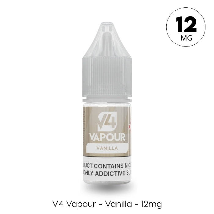 A 10ml bottle of V4 Vapour - Vanilla E-Liquid with 12mg nicotine strength, labeled with the V4 Vapour brand and Vanilla flavor. Available at Vape Direct In Milton Keynes