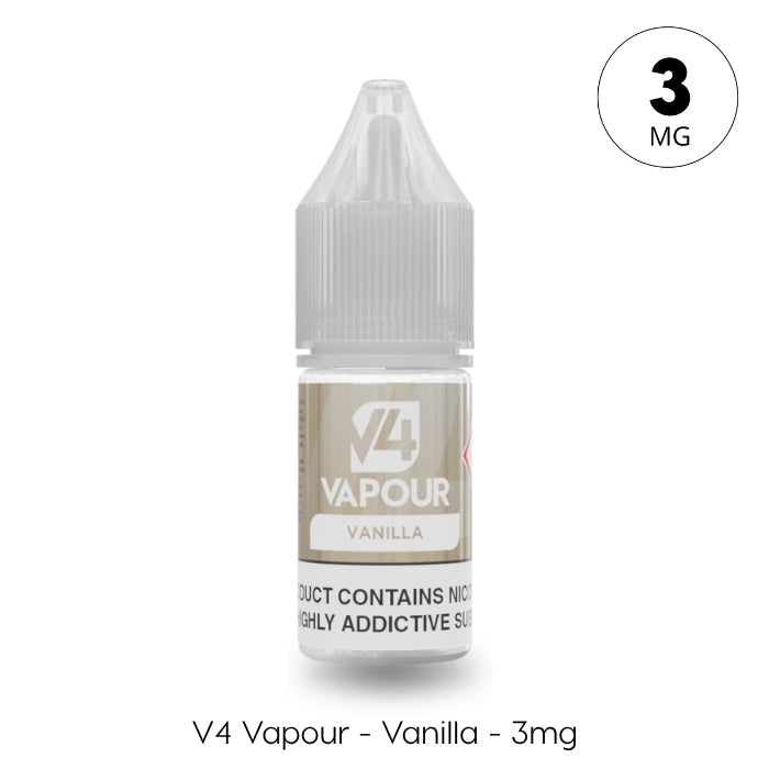 A small clear bottle of V4 Vapour - Vanilla 10ml E-Liquid features a circular 3mg label and offers a smooth vanilla flavor. The label reads: V4 Vapour - Vanilla - 3mg, showcasing its premium quality from the V4 Vapour brand. Available at Vape Direct In Milton Keynes