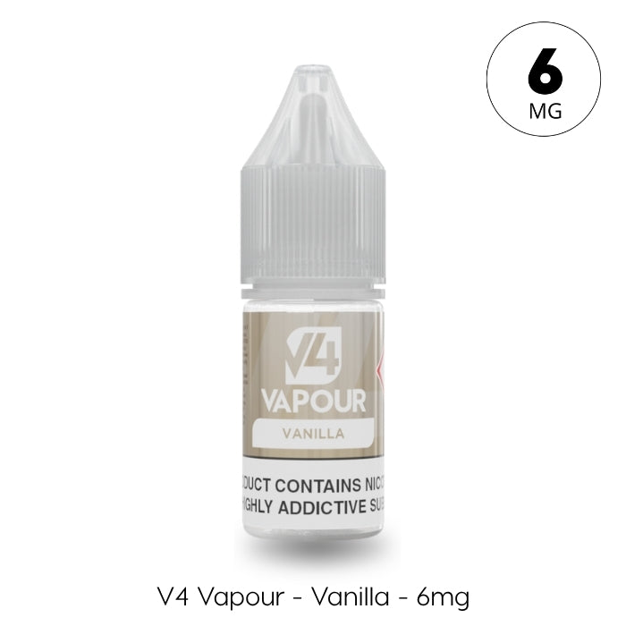 A 10ml bottle of V4 Vapour - Vanilla E-Liquid by V4 Vapour, 6mg nicotine, with clear dropper cap and beige label. Text: V4 Vapour - Vanilla - 6mg. Available at Vape Direct In Milton Keynes
