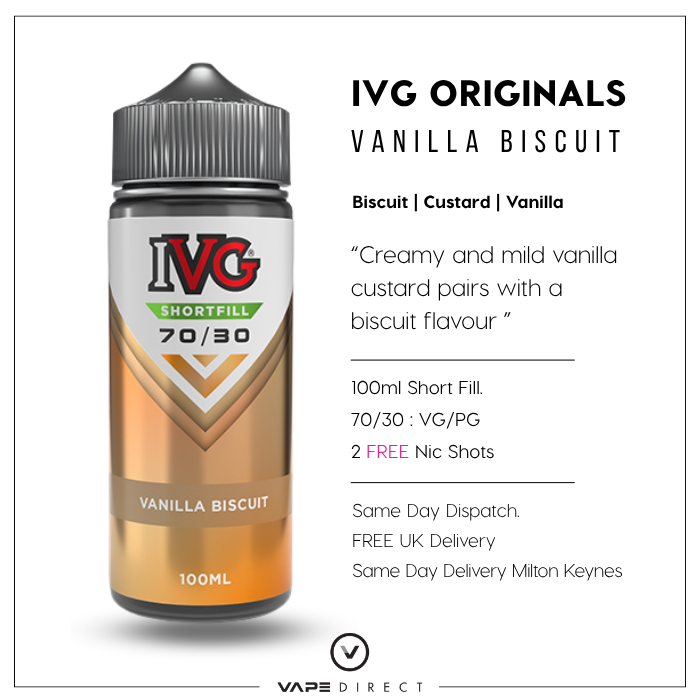 IVG Vanilla Biscuit e-liquid bottle with product details on a white background