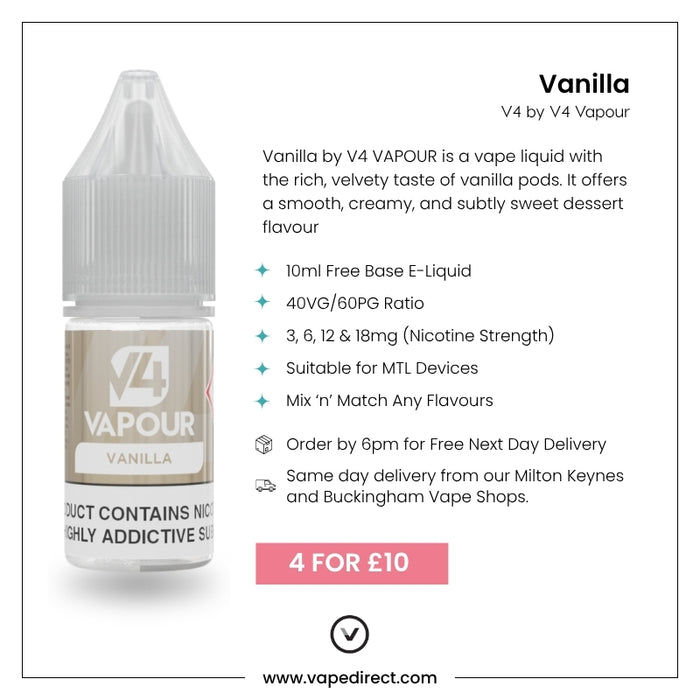 A V4 Vapour - Vanilla 10ml E-Liquid bottle is pictured with product details like strengths, VG/PG ratio, a 4 for £10 offer, delivery info, and the vapedirect.com website. Brand: V4 Vapour. Available at Vape Direct In Milton Keynes