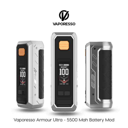 Multi-angle view of the Vaporesso Armour Ultra 5500mAh Battery Mod in Titanium Silver, displaying the front screen interface, profile grip design, and side locking switch mechanism.