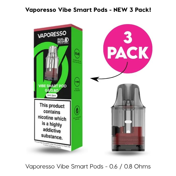 Vaporesso Vibe Replacement Pods (V2) 3 Pack from Vaporesso with green packaging, 4.5ml e-liquid capacity, and advanced dual mesh technology for superior vaping performance. One pod is displayed.