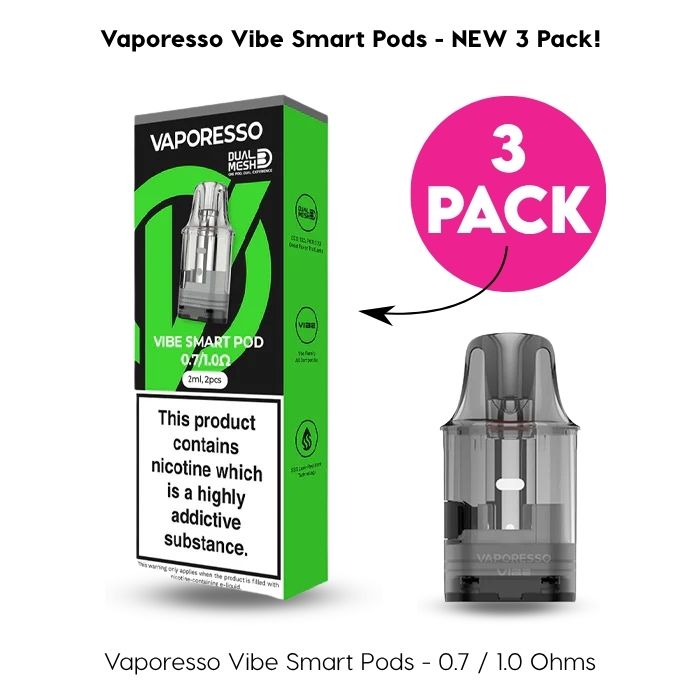 The Vaporesso Vibe Replacement Pods (V2) 3 Pack by Vaporesso includes three clear 4.5ml pods with advanced dual mesh technology for optimal performance, with one pod shown outside the box and “3 Pack” marked on the packaging.