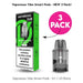 The Vaporesso Vibe Replacement Pods (V2) 3 Pack by Vaporesso includes three clear 4.5ml pods with advanced dual mesh technology for optimal performance, with one pod shown outside the box and “3 Pack” marked on the packaging.