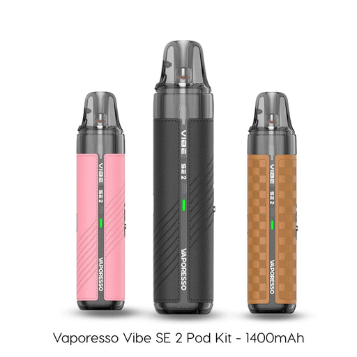 Vaporesso Vibe SE 2 pod kit shown in pink, black and tan finishes