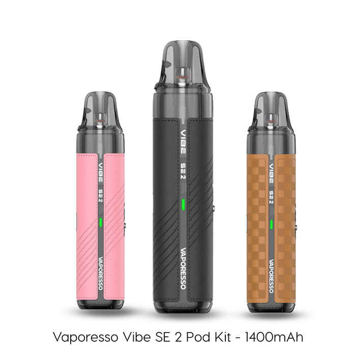 Vaporesso Vibe SE 2 pod kit shown in pink, black and tan finishes