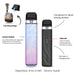 Vaporesso Xros 6 Mini device guide: top filling, side airflow, e-liquid window, LED battery indicator and USB-C charging