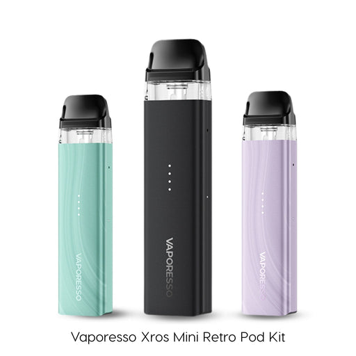 Vaporesso Xros Mini Retro 1000mAh vape pod kit in Spring Green, Black and Baby Purple