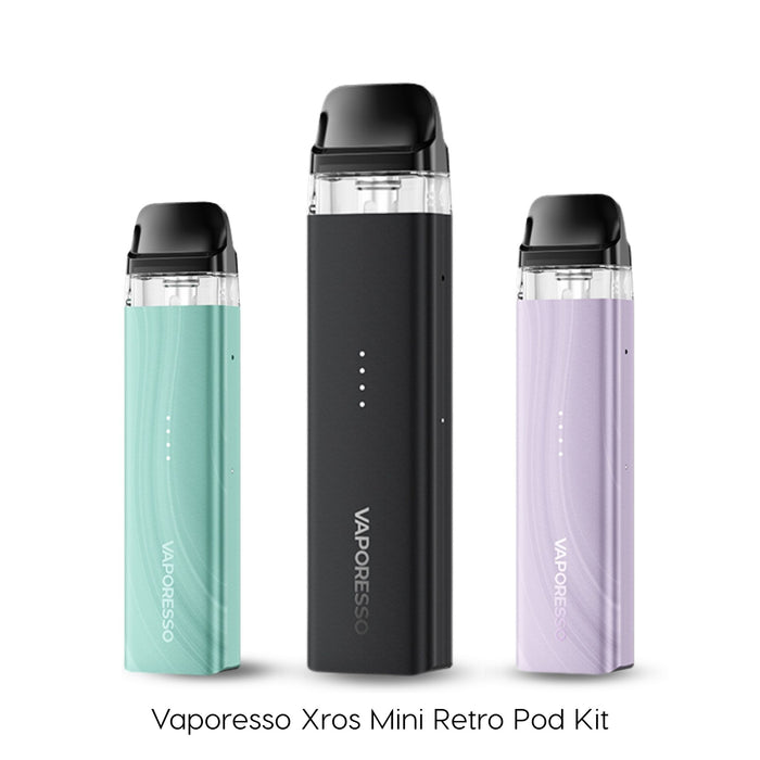 Vaporesso Xros Mini Retro 1000mAh vape pod kit in Spring Green, Black and Baby Purple
