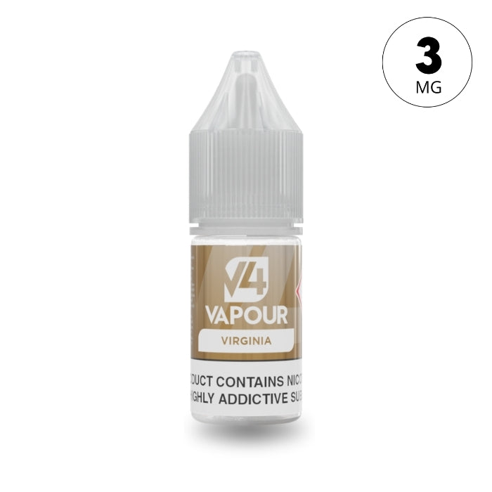 A 10ml bottle of V4 Vapour - Virginia E-Liquid from V4 Vapour, featuring a clear cap, beige label, and 3 MG nicotine strength marked in a circle at the top right. The label confirms it contains nicotine. Available at Vape Direct In Milton Keynes