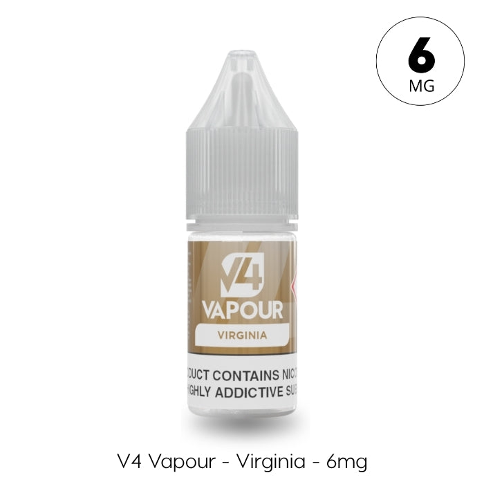 A small plastic bottle of V4 Vapour - Virginia 10ml E-Liquid by V4 Vapour with a beige label marked 6mg, emphasizing its smooth tobacco vape flavor. Available at Vape Direct In Milton Keynes