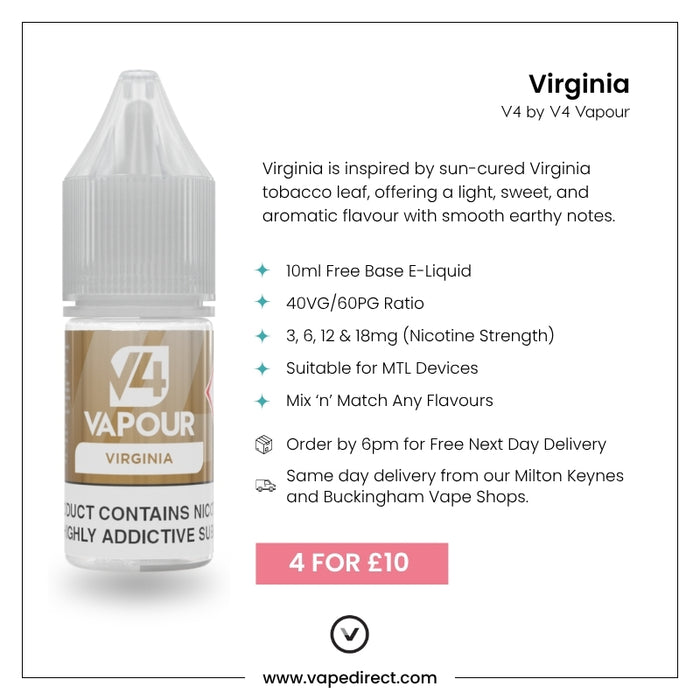 V4 Vapour - Virginia 10ml E-Liquid by V4 Vapour. Image shows bottle on left, VG/PG ratio, nicotine strengths, MTL device compatible. 4 for £10 offer and fast UK delivery highlighted. Available at Vape Direct In Milton Keynes