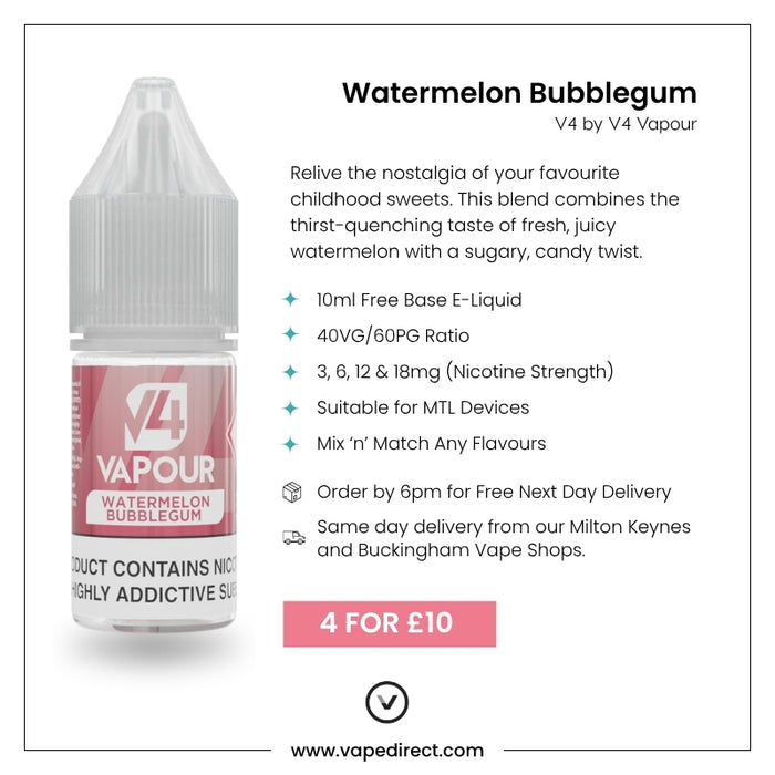 V4 Vapour - Watermelon Bubblegum 10ml E-Liquid bottle is shown with product info, available nicotine strengths, features, and a 4 FOR £10 offer. The www.vapedirect.com website is displayed at the bottom. Available at Vape Direct In Milton Keynes