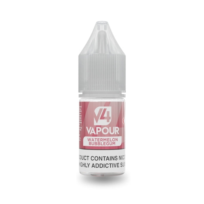 A 10ml plastic bottle of V4 Vapour - Watermelon Bubblegum E-Liquid, with a pink label and gray cap. Label warns the product is highly addictive. Available at Vape Direct In Milton Keynes
