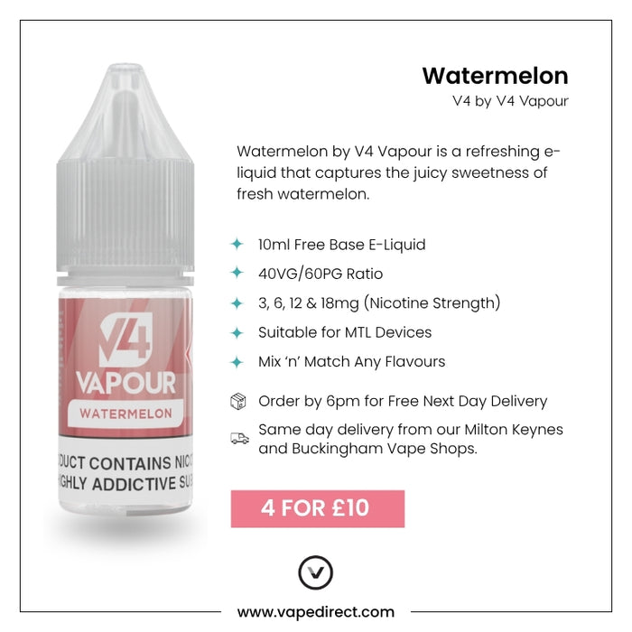 Discover V4 Vapour - Watermelon 10ml E-Liquid, featuring product info, flavor notes, and nicotine options. Enjoy the 4 for £10 deal at vapedirect.com. Available at Vape Direct In Milton Keynes